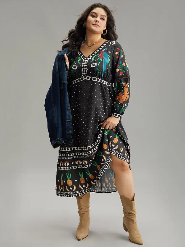 Bandana Print Lantern Sleeve Ruffle Hem Dress