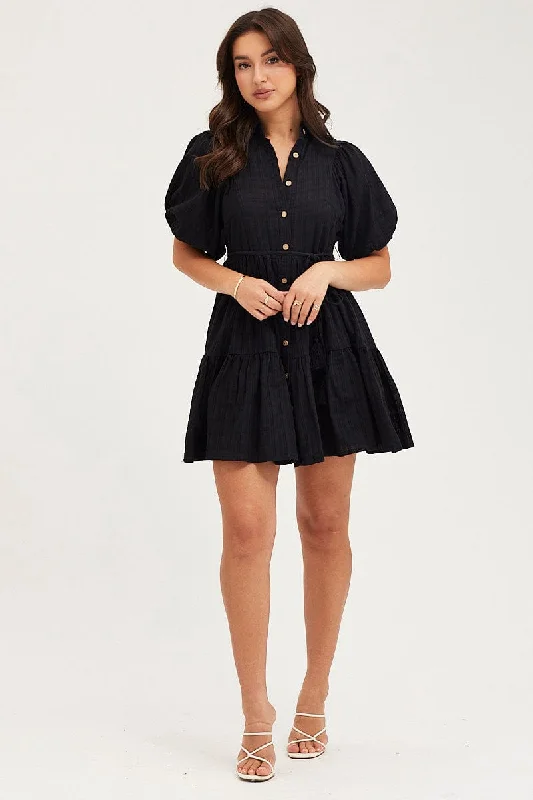 Black Balloon Sleeve Shirts Dress