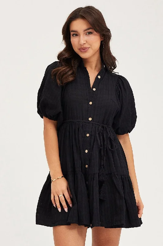 Black Balloon Sleeve Shirts Dress