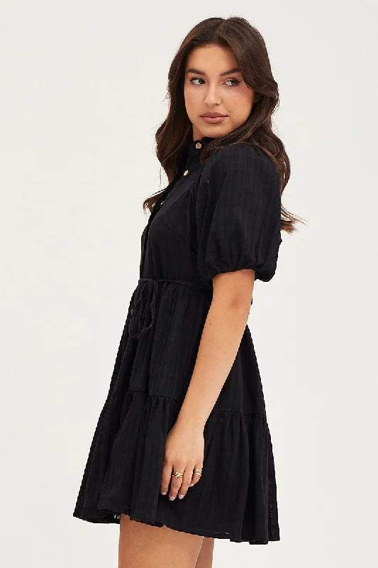 Black Balloon Sleeve Shirts Dress