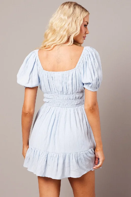 Blue Fit And Flare Dress Puff Sleeve Mini