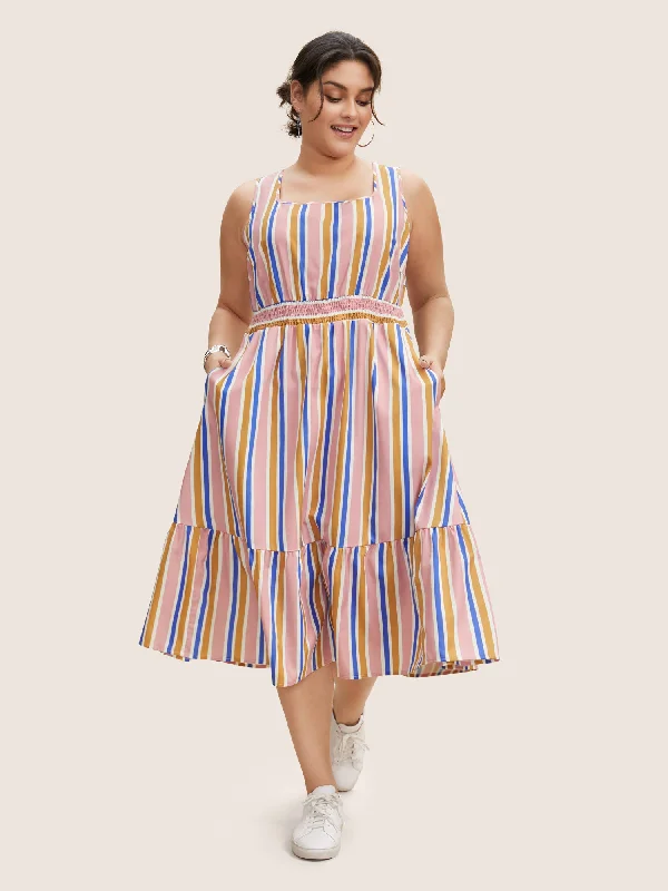 Contrast Striped Shirred Ruffle Hem Midi Dress