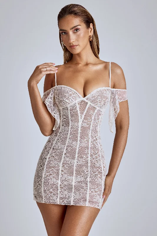 Sheer Lace A-Line Mini Dress in Ivory