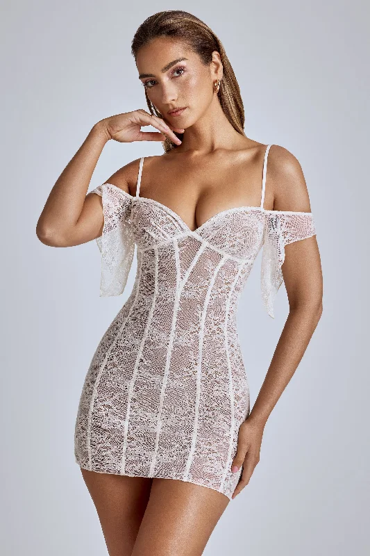 Sheer Lace A-Line Mini Dress in Ivory