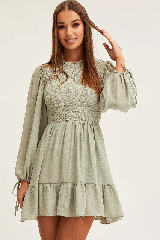 Green Shirred Dress Short Sleeve Mini