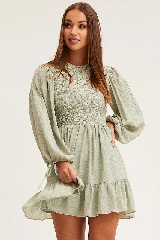 Green Shirred Dress Short Sleeve Mini