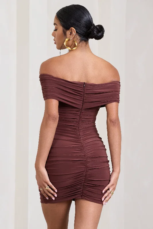 High Ground | Chocolate Brown Twisted Wrap Bardot Mini Dress