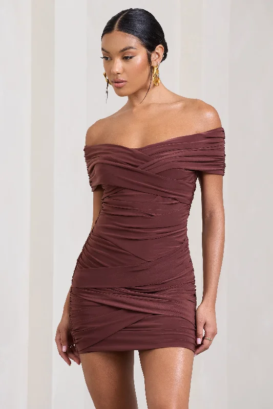 High Ground | Chocolate Brown Twisted Wrap Bardot Mini Dress