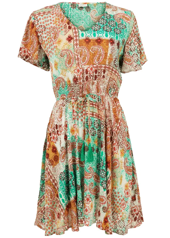 Paisley print V-neck dress - Blue & Orange