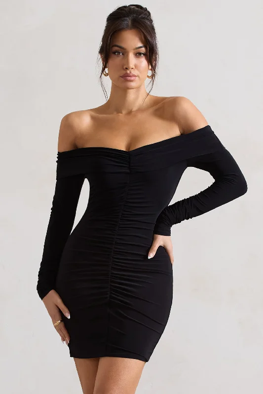 Leola | Black Ruched Bodycon Bardot Long Sleeve Mini Dress