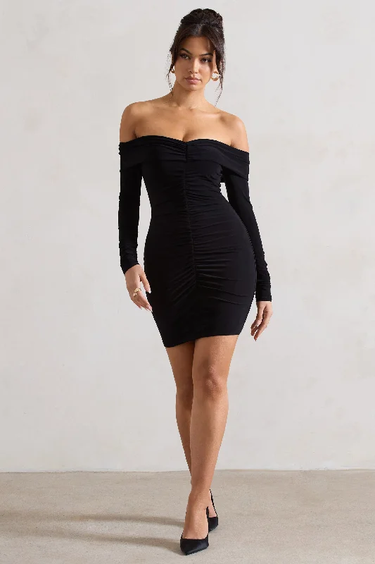 Leola | Black Ruched Bodycon Bardot Long Sleeve Mini Dress