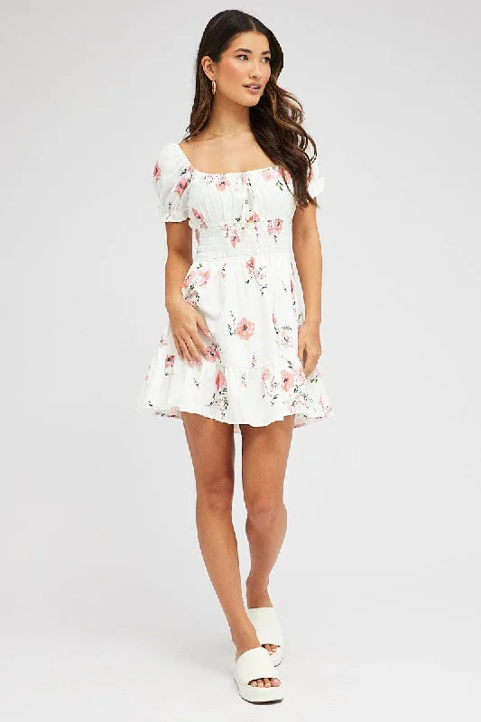 Pink Floral Fit And Flare Dress Puff Sleeve Mini