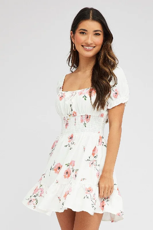 Pink Floral Fit And Flare Dress Puff Sleeve Mini