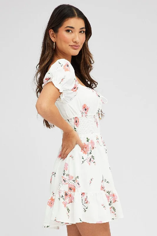 Pink Floral Fit And Flare Dress Puff Sleeve Mini