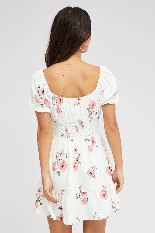 Pink Floral Fit And Flare Dress Puff Sleeve Mini