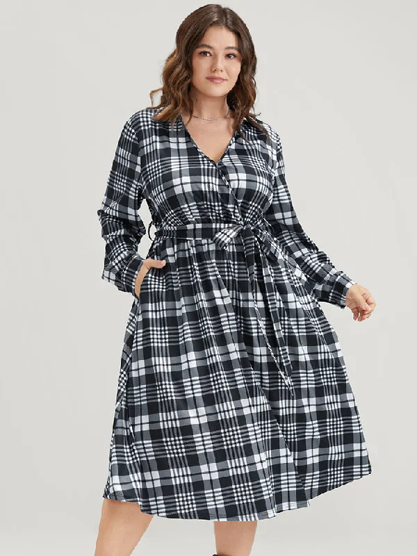 Plaid Surplice Neck Lantern Sleeve Pocket Belt Midi Dress