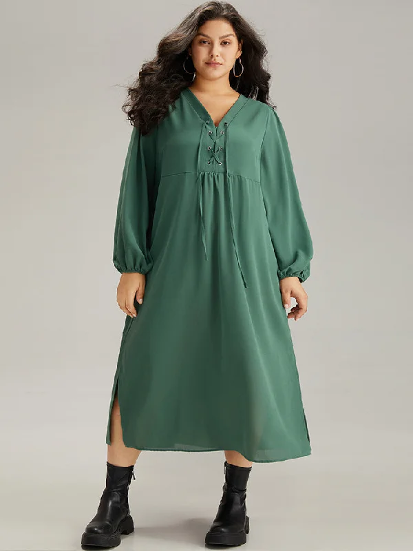 Plain Lace Up Split Hem Lantern Sleeve Dress