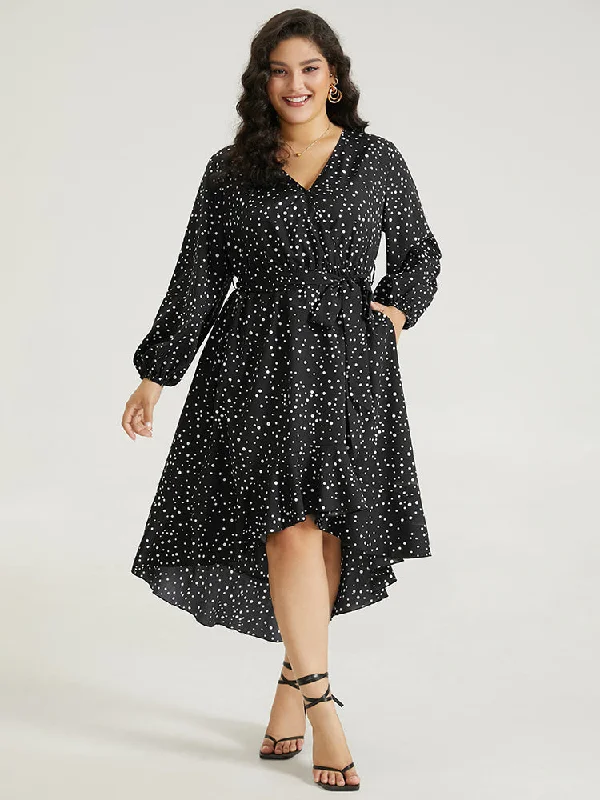 Polka Dot Wrap Ruffle Trim High Low Hem Dress