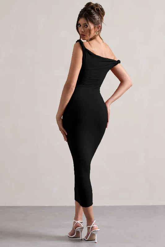 Salome | Black Twisted Asymmetric Midi Dress