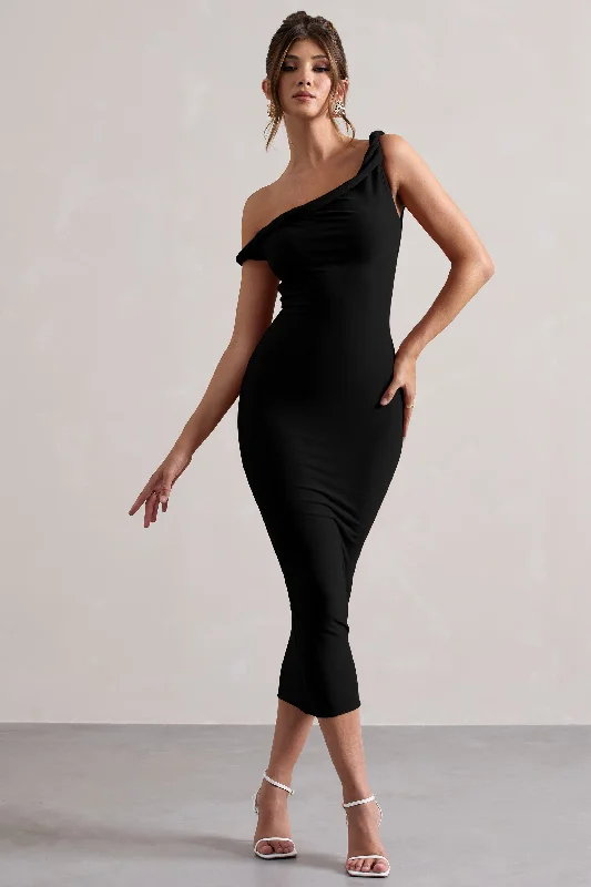 Salome | Black Twisted Asymmetric Midi Dress