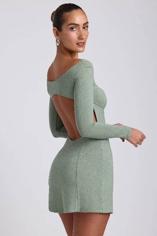 Modal Twist-Front Long-Sleeve Mini Dress in Sage Green