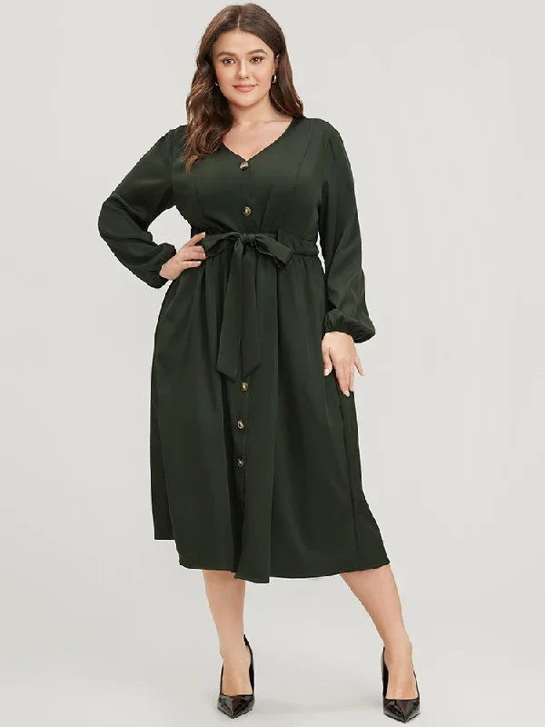 Solid Button Through Pocket Lantern Sleeve Tie Up Dress