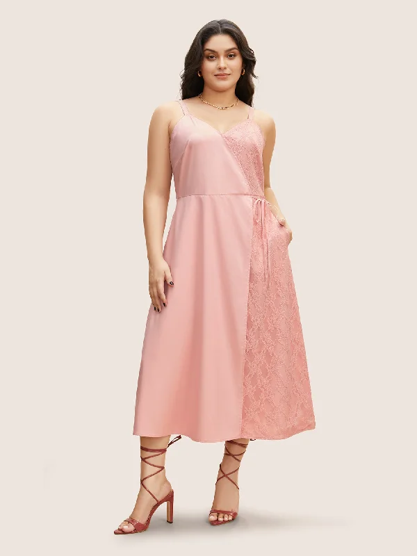 Solid Lace Patchwork Tie Knot Midi Dress