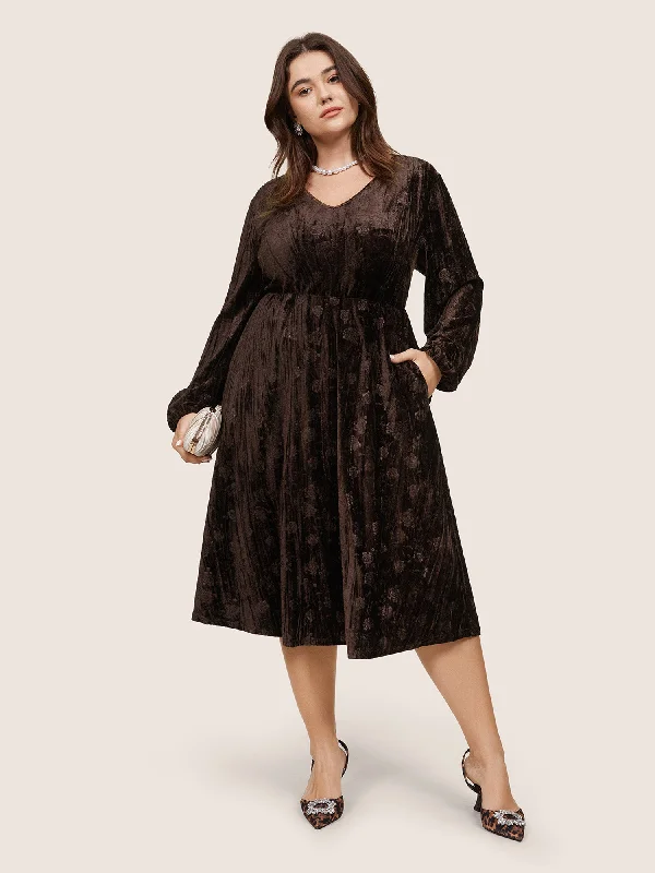 Solid Texture Velvet V Neck Lantern Sleeve Dress