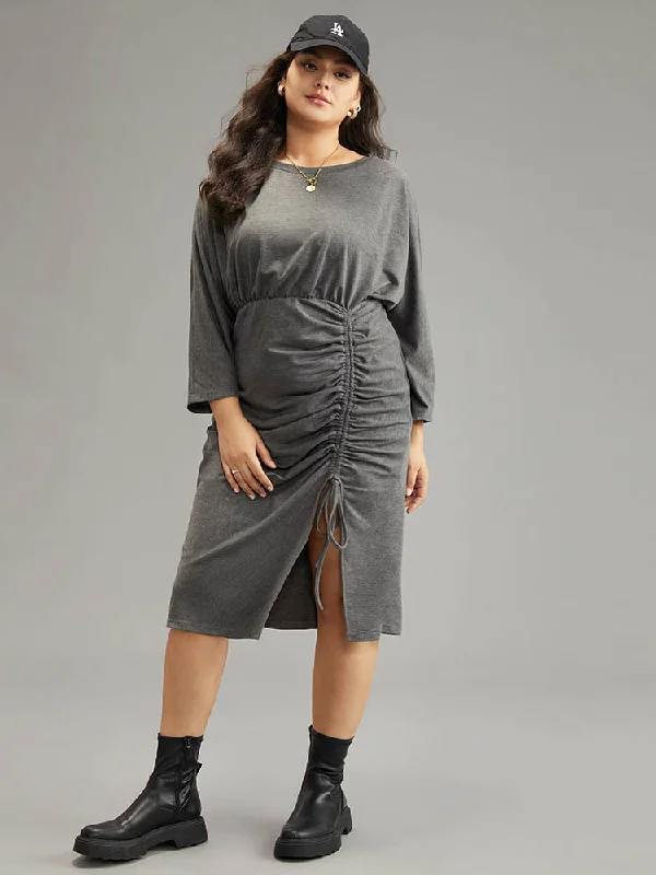 Split Hem Drawstring Batwing Sleeve Dress