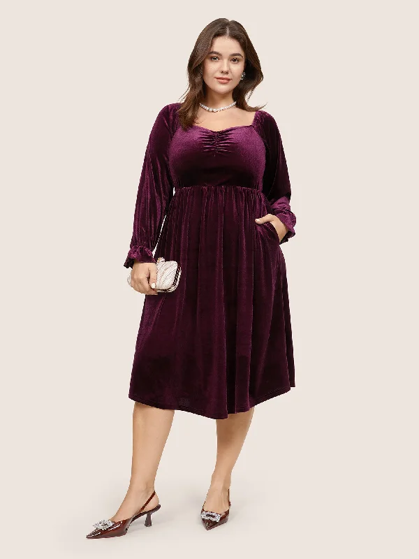 Square Neck Velvet Elastic Waist Gathered Dress