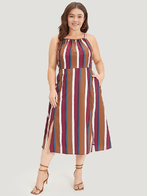 Striped Bowknot Cut Out Split Hem Gathered Cami Dress