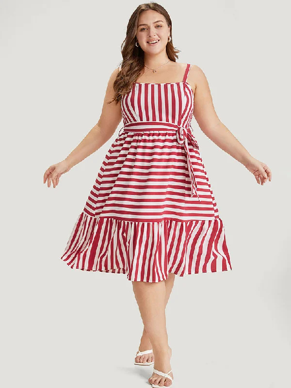 Striped Print Belted Ruffle Layered Hem Cami Dress