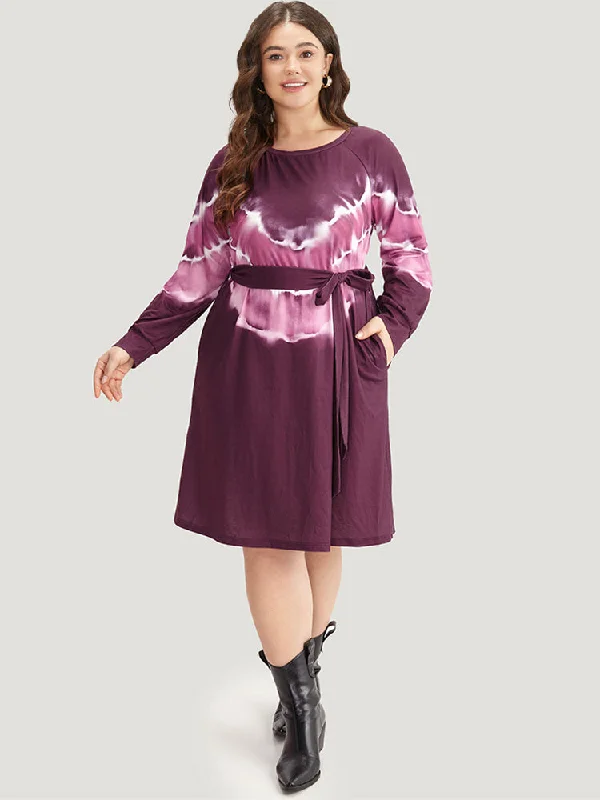 Tie Dye Pocket Round Neck Belted Raglan Sleeve Dress