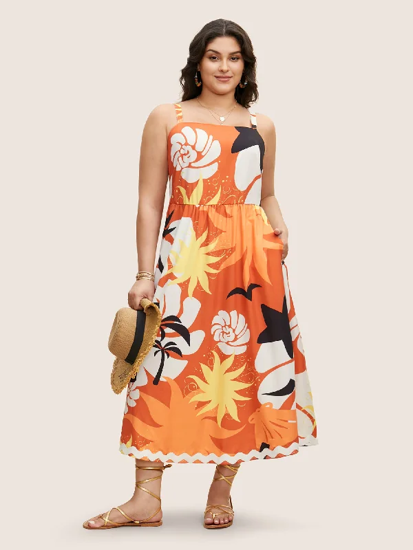 Tropical Print Square Neck Maxi Dress