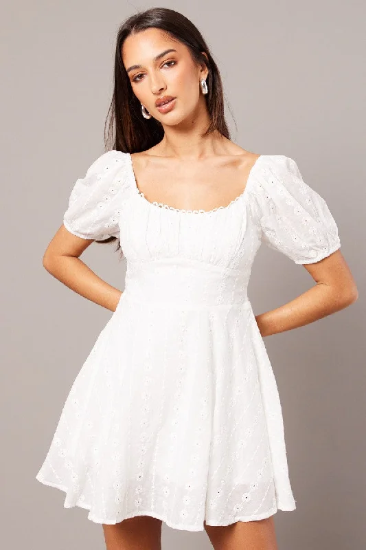 White Fit And Flare Dress Puff Sleeve Eyelet