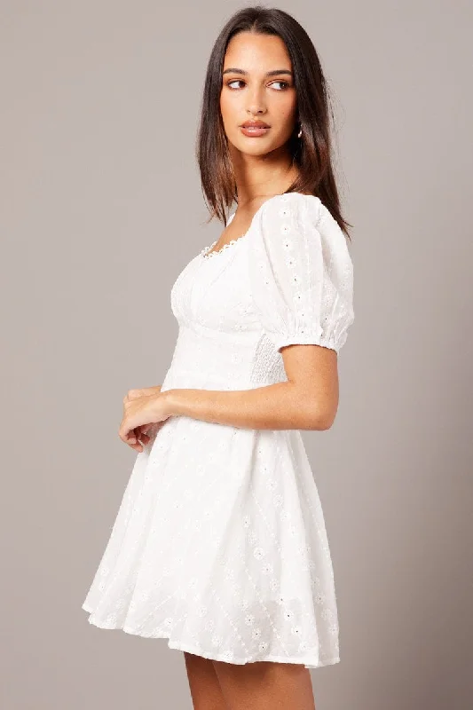 White Fit And Flare Dress Puff Sleeve Eyelet