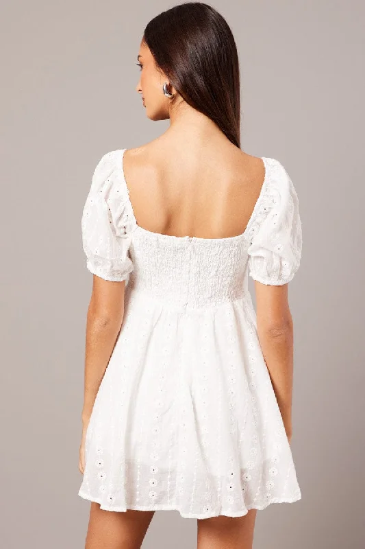 White Fit And Flare Dress Puff Sleeve Eyelet