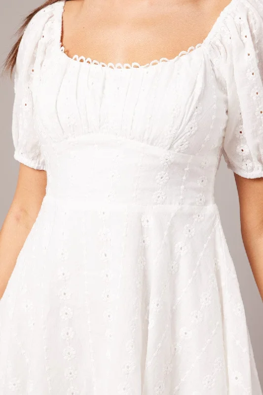 White Fit And Flare Dress Puff Sleeve Eyelet