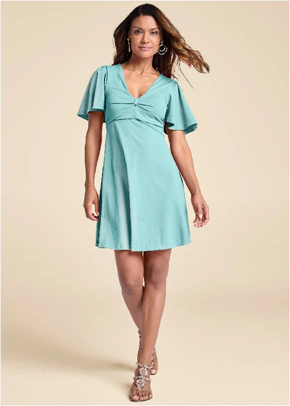 Flutter sleeve V-neck dress - Mint