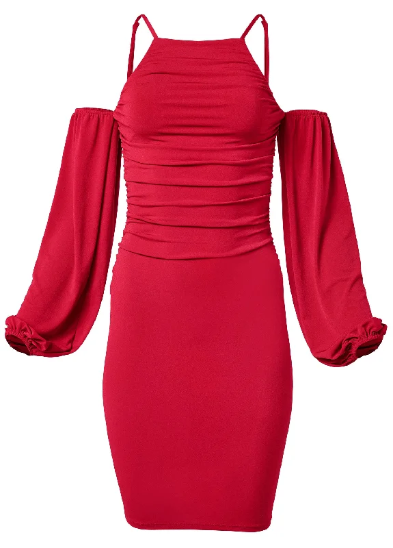 Cold-shoulder ruched dress - Red