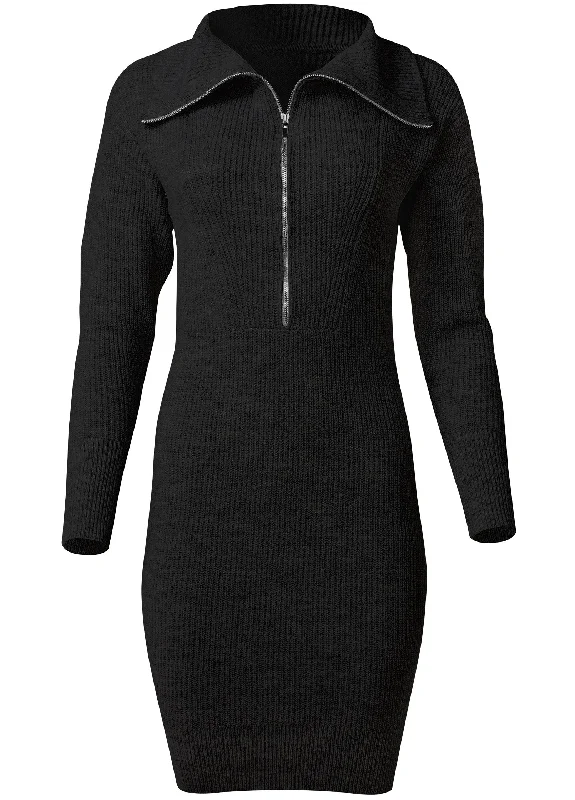 Zip front sweater dress  - Black