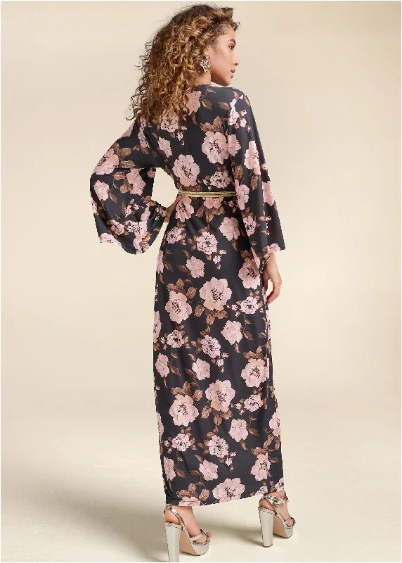 Floral print kimono dress  - Black Multi