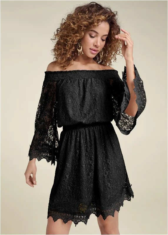 Off-the-shoulder lace dress   - Black