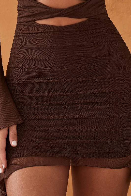 Twist Cut Out Long Sleeve Mini Dress in Chocolate