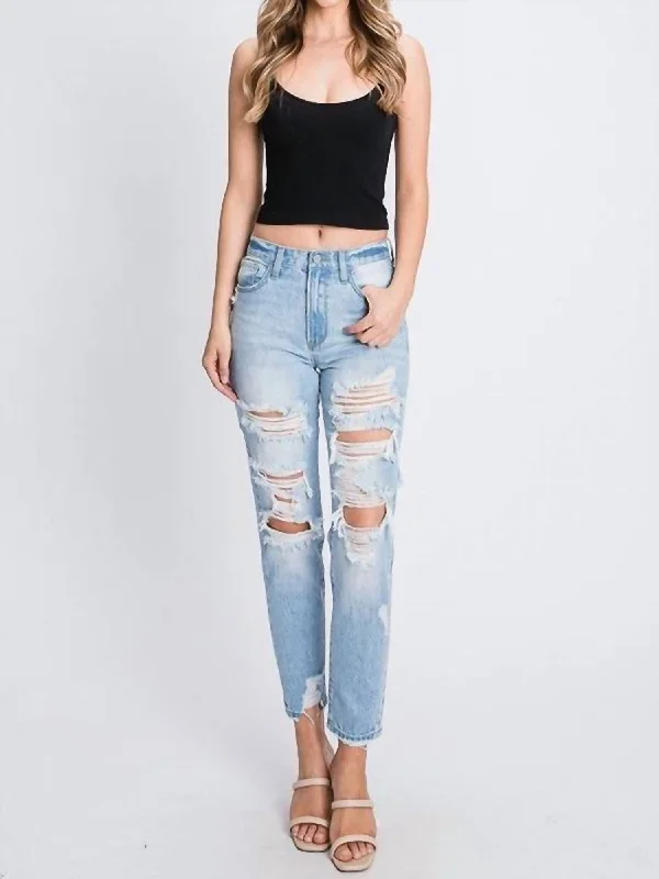 Alyssa Super High Rise Distressed Light Wash Mom Jeans