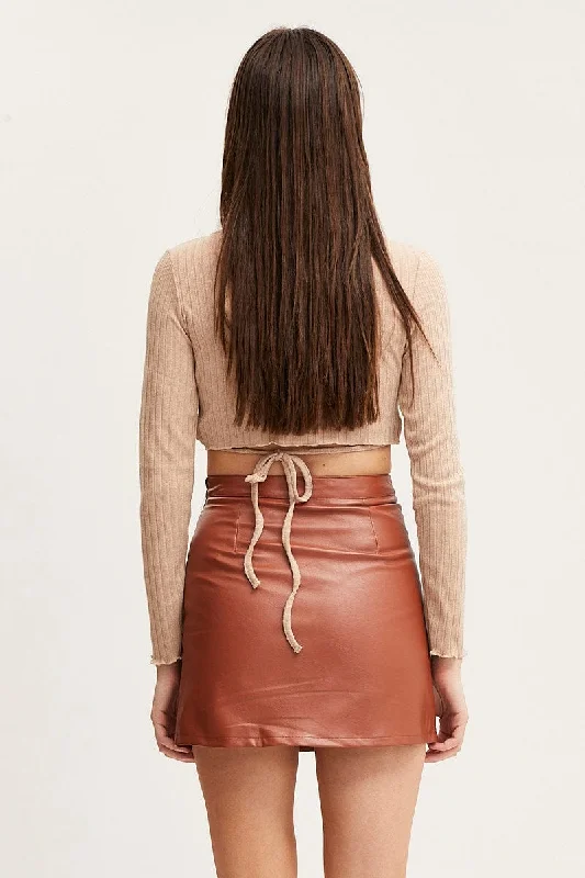 Beige Mini Skirt High Rise Faux Leather