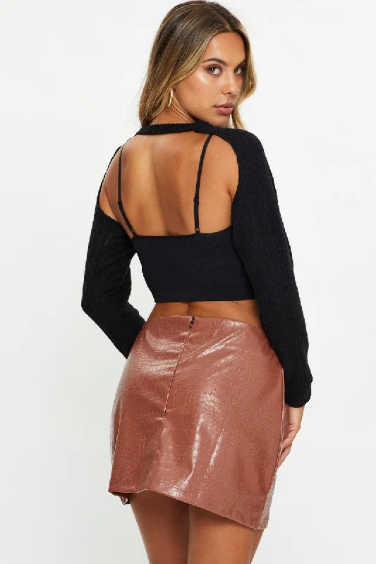 Brown Faux Leather Crocodile Skirt