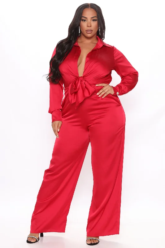 Fabulosity Stretch Satin Jumpsuit - Red