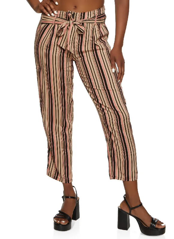 Striped Paperbag Waist Ankle Pants