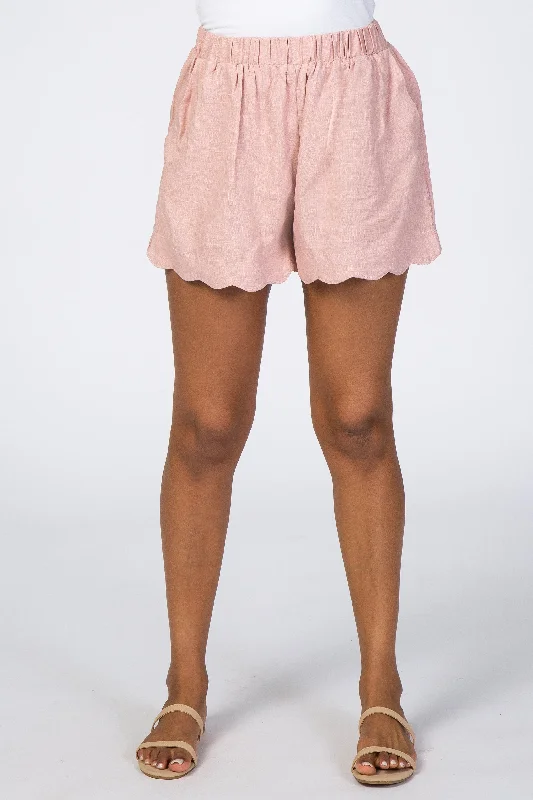 Light Pink Scalloped Hem Linen Shorts